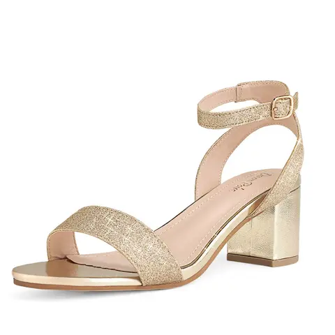 Dream Pairs Women's Glitter Decorated Ankle Strap Buckle Sandals - 2.5-in Low Block Kitten Heels, Rubber Sole, Padded Insole Fabric Footwear for Dress, Party, Glitter Decorated Sandals, Shoes For Women