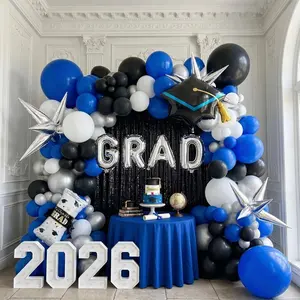Royal blue and black white silver balloon kit 110PCS Balloon Arch Frame with graduation cap star letters Balloons for Congratulations Class of 2026 Graduation Party Decorations Grad Ceremony Prom Party Decorations
