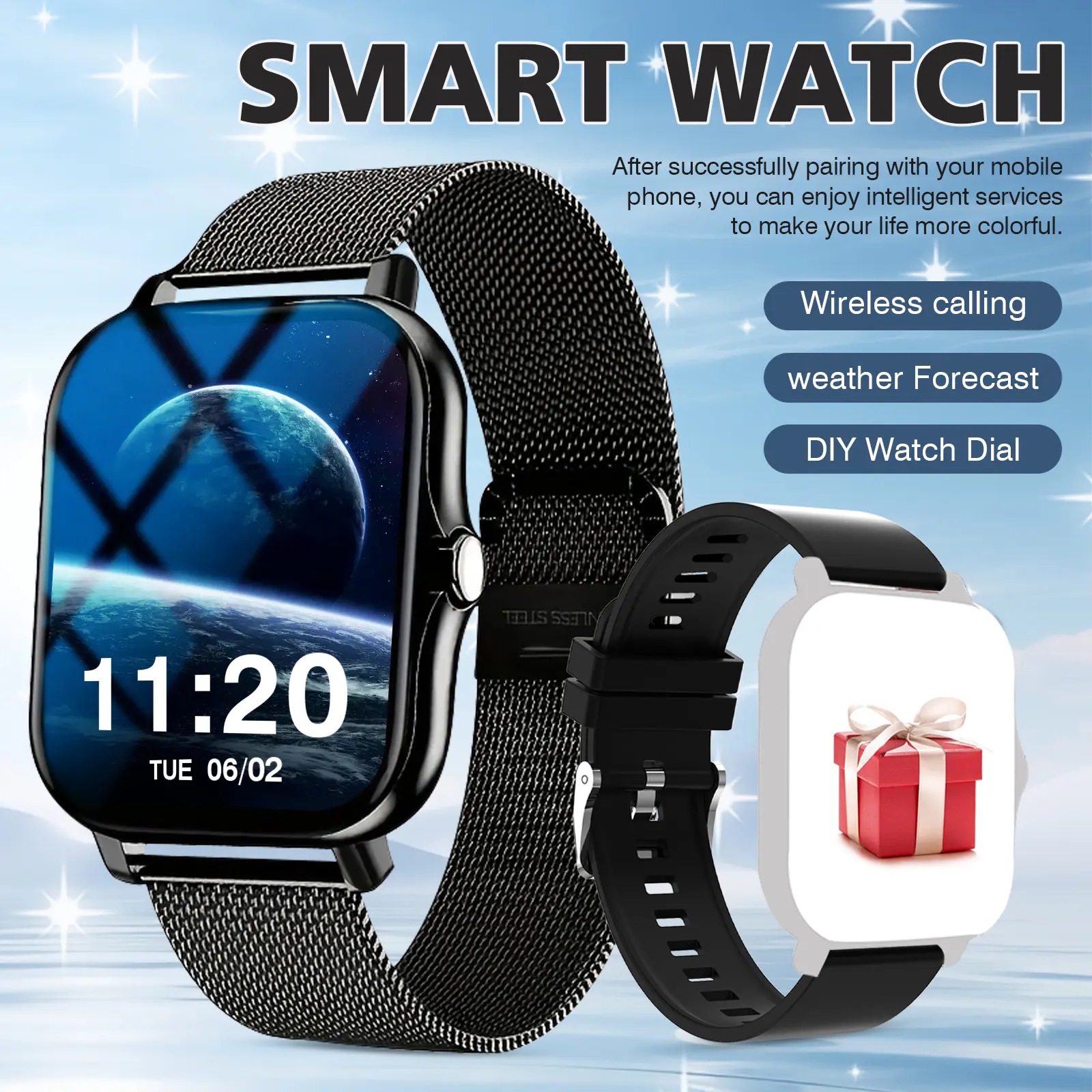 Sports Smartwatch, Multifunctional Smartwatches, Wireless Calling, Pedometer Fitness Tracker, Steps/Calories Tracking, Multiple Sports Modes, Sedentary Reminder & Call SMS Reminder, Multimedia Message Viewing & Alarm Clock, TFT Screen, Smartwatch