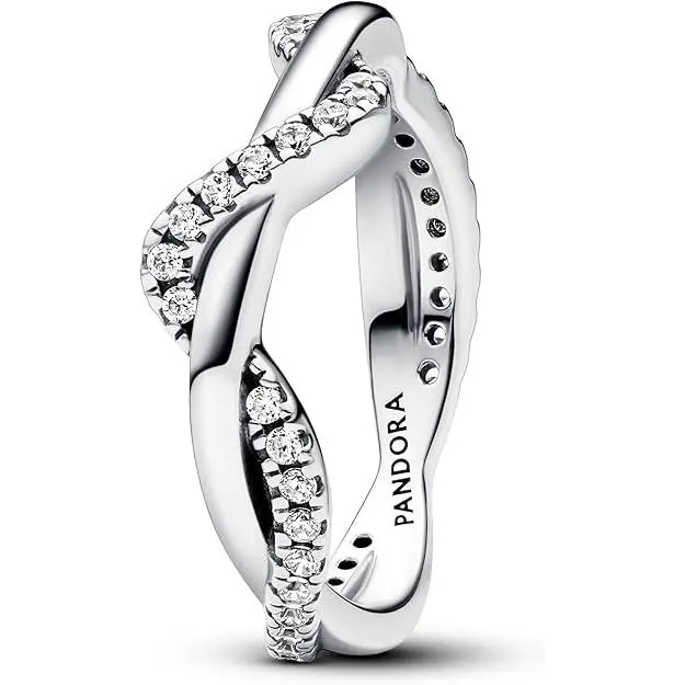 Pandora Sparkling Intertwined Wave Ring 193098C01-54, Pave, Contemporary, Crafted, Stacking Wear, Silver, Smooth Polished Ring Band