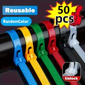 50pcs Reusable Self-Locking Nylon Cable Wire Ties, Random Colors, Durable & Flexible, Ideal for Home Office Workshop, Space-Saving Cable Management