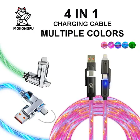Mokongfu 120W High-Power 4-in-1 Glow Color-Changing LED USB Cable - Fast Charging Sync for iPhone, iPad, Mobile Smartphone, Compact for Travel Bags, 3.3ft/6.6ft/10ft Blue&Green&Constant Rainbow Lights, Free Box