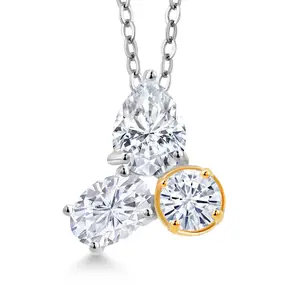 Gem Stone King 925 Silver and 10K Yellow Gold White Moissanite 3 Stone Pendant Necklace for Women | 2.55 Cttw | Gemstone Birthstone | Pear Shape 8X6MM | Oval 7X5MM | Round 5MM | with 18 Inch Chain