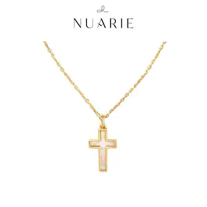 NUARIE Vintage Cross Pendant Necklace, Dainty Long Minimalist Layering Chain, Retro Elegant Hypoallergenic Daily Jewelry, Exquisite Jewelry Gift for Sensitive Skin