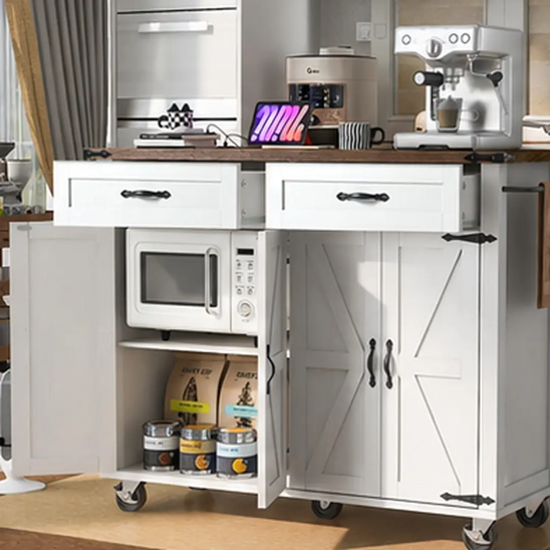 Farmhouse Kitchen Island with Power Outlet and Drop Leaf, Rolling Cart on Wheels with Drawers and Spice Rack, White Particle Board+MDF Storage Cabinet for Kitchen Dining Room, 53.5 Inch, White Color Options, Particle Board+MDF Material