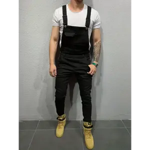 Men’s premium slim-fit denim overalls — comfort stretch, adjustable straps, refined solid color — stylish suspender jeans for versatile casual wear; suits menswear cotton black
