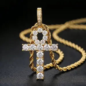 Ankh Cross Chain for Men Iced Out Cubic Zirconia Egyptian 14K Gold Plated Pendant Necklace for Women with 3mm Stainless Rope Chain