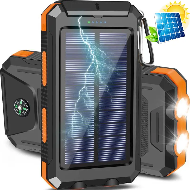 10000mAh Solar Power Bank Fast Charging Dual USB Portable Charger with LED Flashlight Compass IP65 Waterproof Outdoor Phone Charger