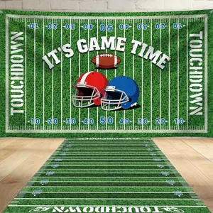 7x5ft Football Field Backdrop Banner with 9.8x3.8 ft Field Aisle Floor Runners Decoration Set, Large Football Background for  Themed, Tablecloth,  Day  Theme Birthday Party Wall Door Sign Decor, Floor Rugs for  Day Party Sign Supplies