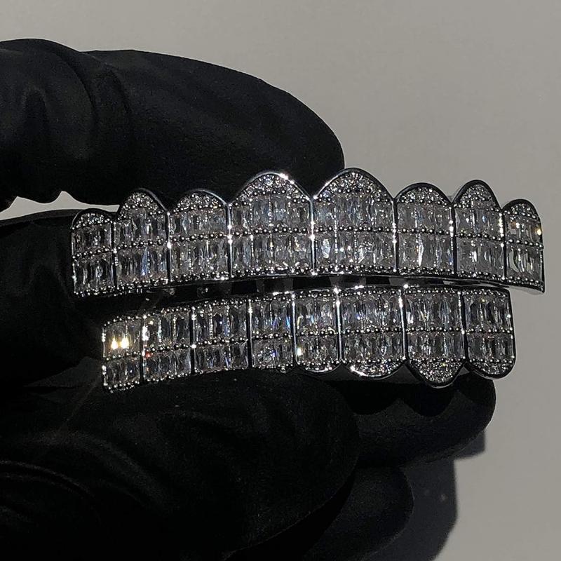2pcs/SET Baguette Set 8 teeth Grillz for Mouth Top Bottom Hip Hop Teeth Grills - Cap
