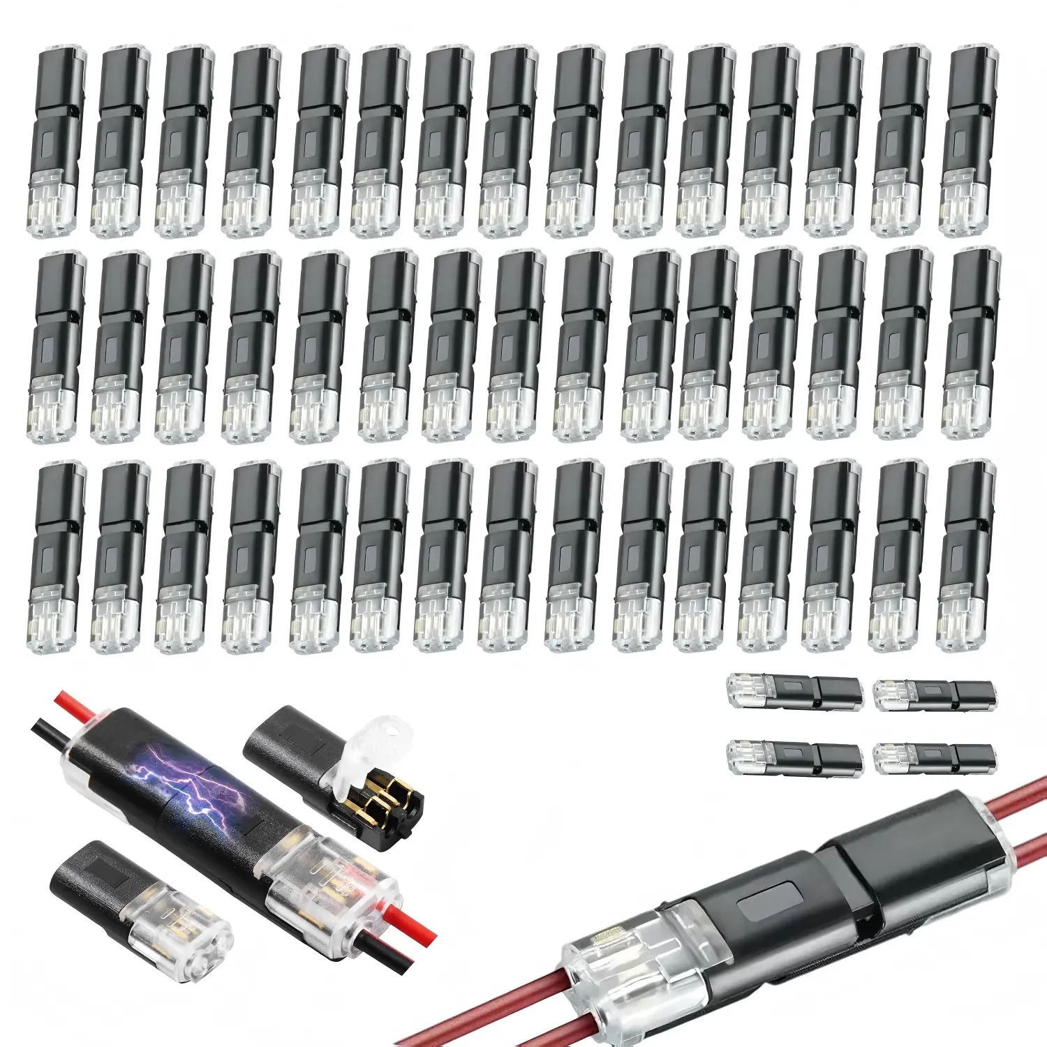 50Pcs Quick Connect Wire Connectors Low Voltage 2-Pin Double Wire Plug-in Connectors with Locking Buckle for LED Light Strips - Quick Connect, No Wire Stripping or Cutting