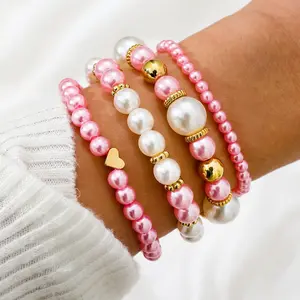 4-Pack Fake Pearl Bracelet Set for Women, Adjustable Stackable CCB Bead Bracelets, Minimalist Elegant Jewelry for Layering
