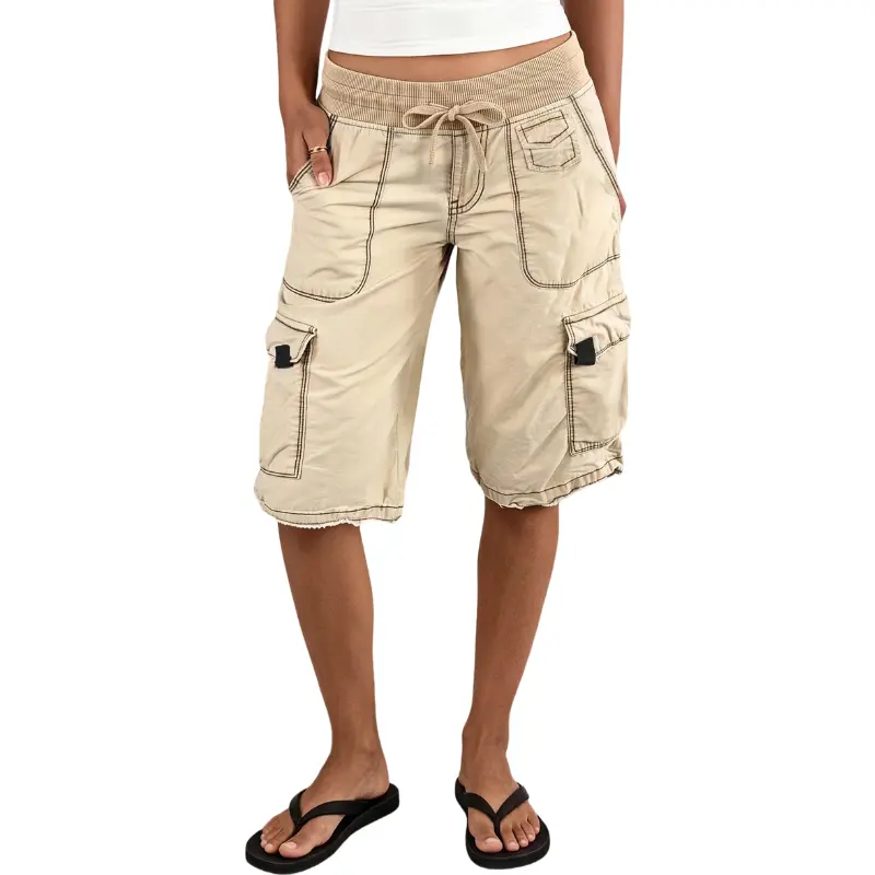 Flamingals Contrast Stitch Flap Pocket Drawstring Elastic Mid Rise Cargo Bermuda Shorts Stretchy 9.6'' Inseam
