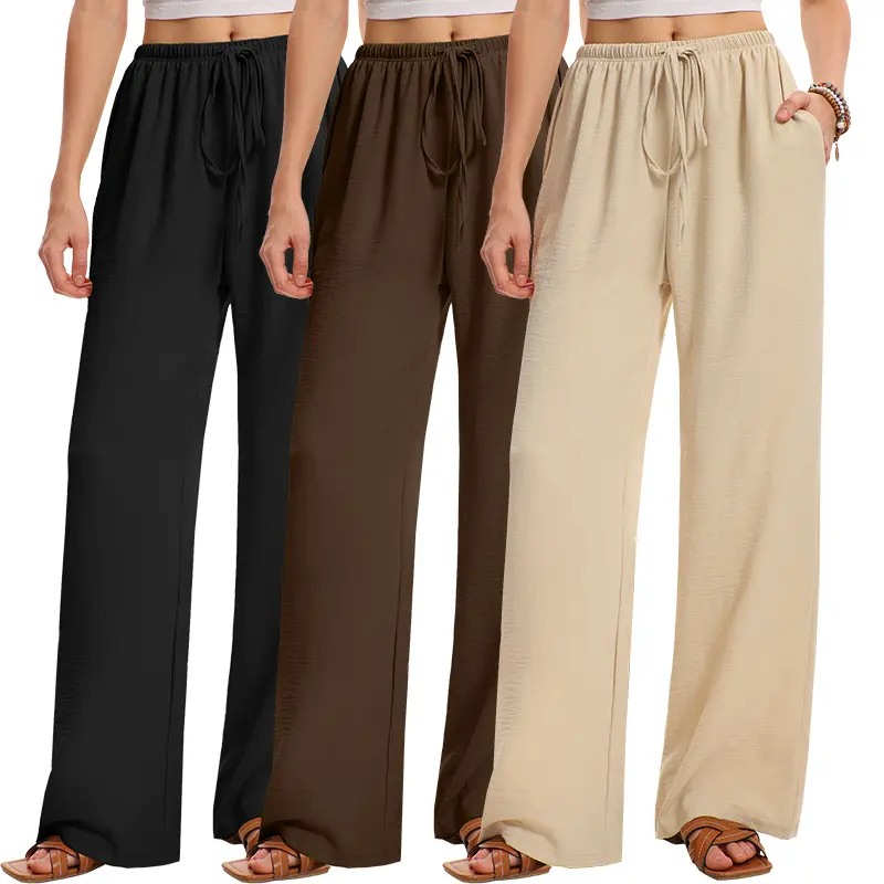 TELALEO 3pcs Wide Leg Pants for Women Flowy Palazzo Drawstring Elastic Waist Trousers with Pockets Summer Beach Vacation Clothes Womenswear Casual