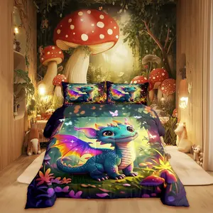 Cute Dragon Comforter Set,Mushroom Floral Butterfly Bedding Set,Bedroom Decor Kids Boys Girls Fantasy Purple Orange Wings Dragon All Season Blanket
