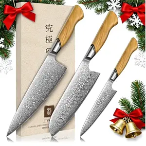 TIVOLI 3PCS Kitchen Knives- Japanese Santoku & Paring Knives with Olive Wood Handle, Ideal Gift for Home Cooks