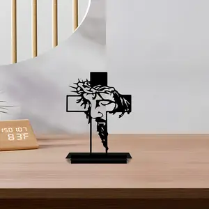 Metal Jesus Christ Statue with Cross Decoration, Home Office Church Indoor Christian Stylish Religious Decor, Desktop Shelf Fireplace Mantel Ornament