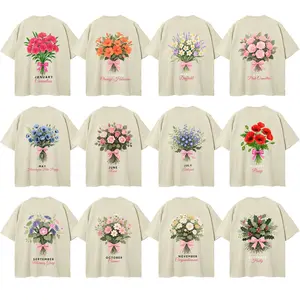 1-12 Months Birth Flower Letter Graphic Washed T-Shirt for Women Oversize Top Casual Streetwear Floral Print Soft Breathable Everyday Wear