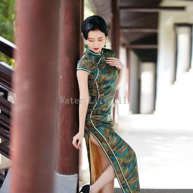 Teal Mulberry Silk Bamboo Leaf Qipao Dress | Neo-Chinese Cheongsam, Elegant Modern Oriental Dress, Elegant Evening / Daily Wear