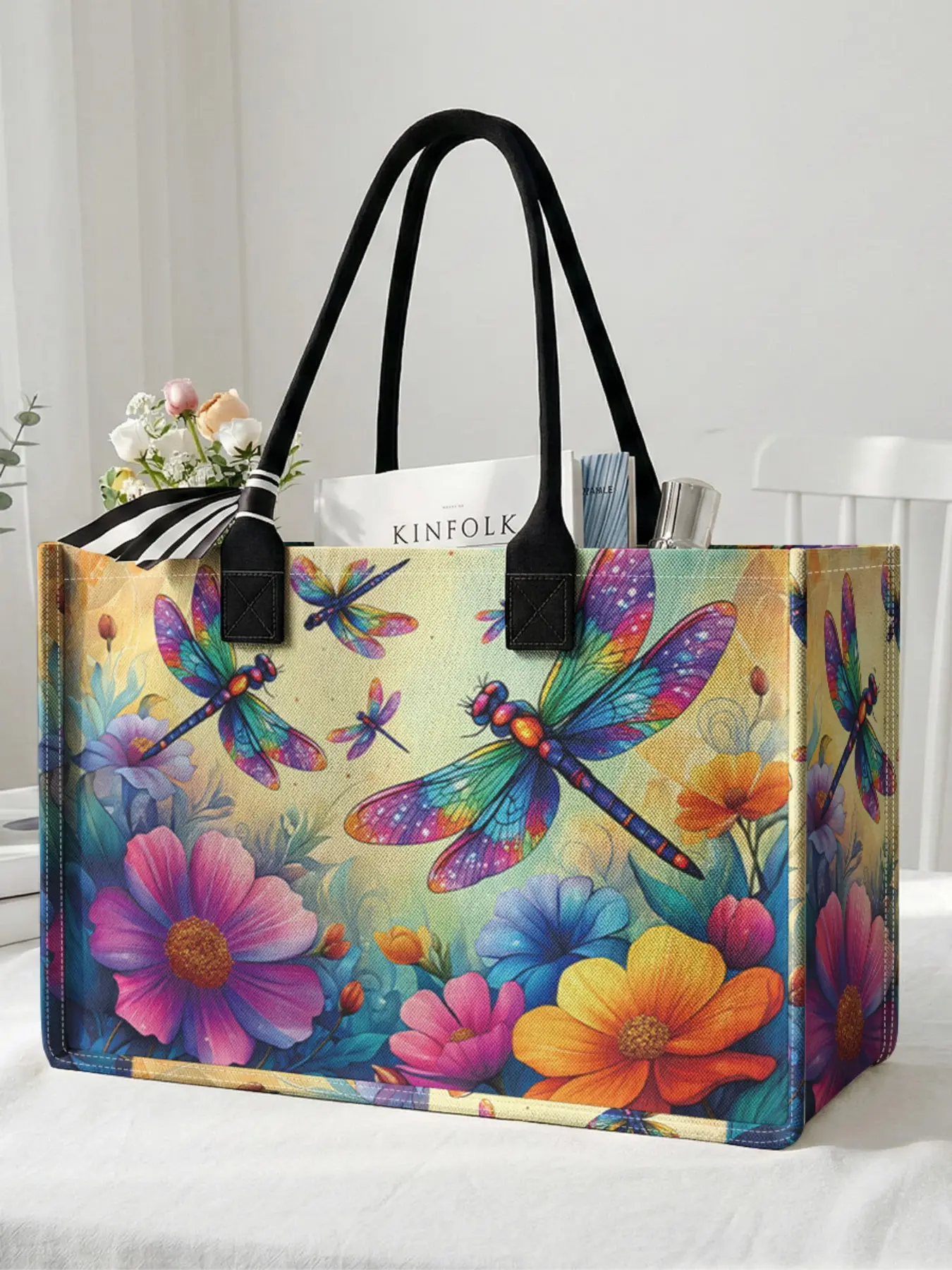 1pc 2D printed large-capacity storage bag with colorful dragonfly and flowers pattern, sturdy handle, space-saving multi-purpose, suitable for school, on business trips, and shopping, Patterned Bag, Reusable Shopping Bags