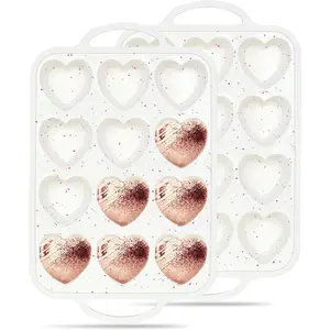 2 count Heart Shaped Muffin Pan with Metal Reinforced Frame 12 Cup Nonstick  Heart Cake Mold for Baking 2.5 Inch Cupcake Tray (Cream)