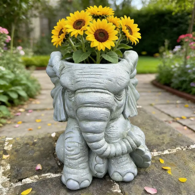 Elephant Planter Flower Pot, Succulent Planters, Sitting Elephant Shape Resin Succulent Pot for Balcony and Patio, Aesthetic Outdoor Garden Waterproof Sunproof Decor, Creative Modern Home Ornament Plant Lover Gift Ideas