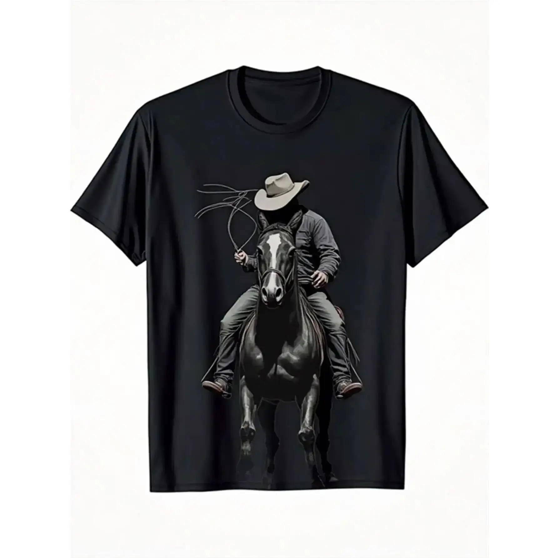 Men's Western Cowboy Short-Sleeve T-Shirt - Loose Retro Ranch Round Neck Top with Horse & Bow Prints, Breathable Menswear, Ideal for Rodeo, Ranch Work, Cowboy Men's Short-Sleeve T-Shirts, Shortsleeve, Tshirt, Western Horse Print Men's Short-Sleeve T-Shirt