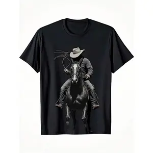 Men's Western Cowboy Style T-Shirt - Loose Fit, Retro Ranch Style, Short Sleeve, Round Neck with Horse and Bow Prints, Ideal for Rodeo, Ranch Work and Casual Wear, Breathable and Comfortable, Suitable for All Occasions