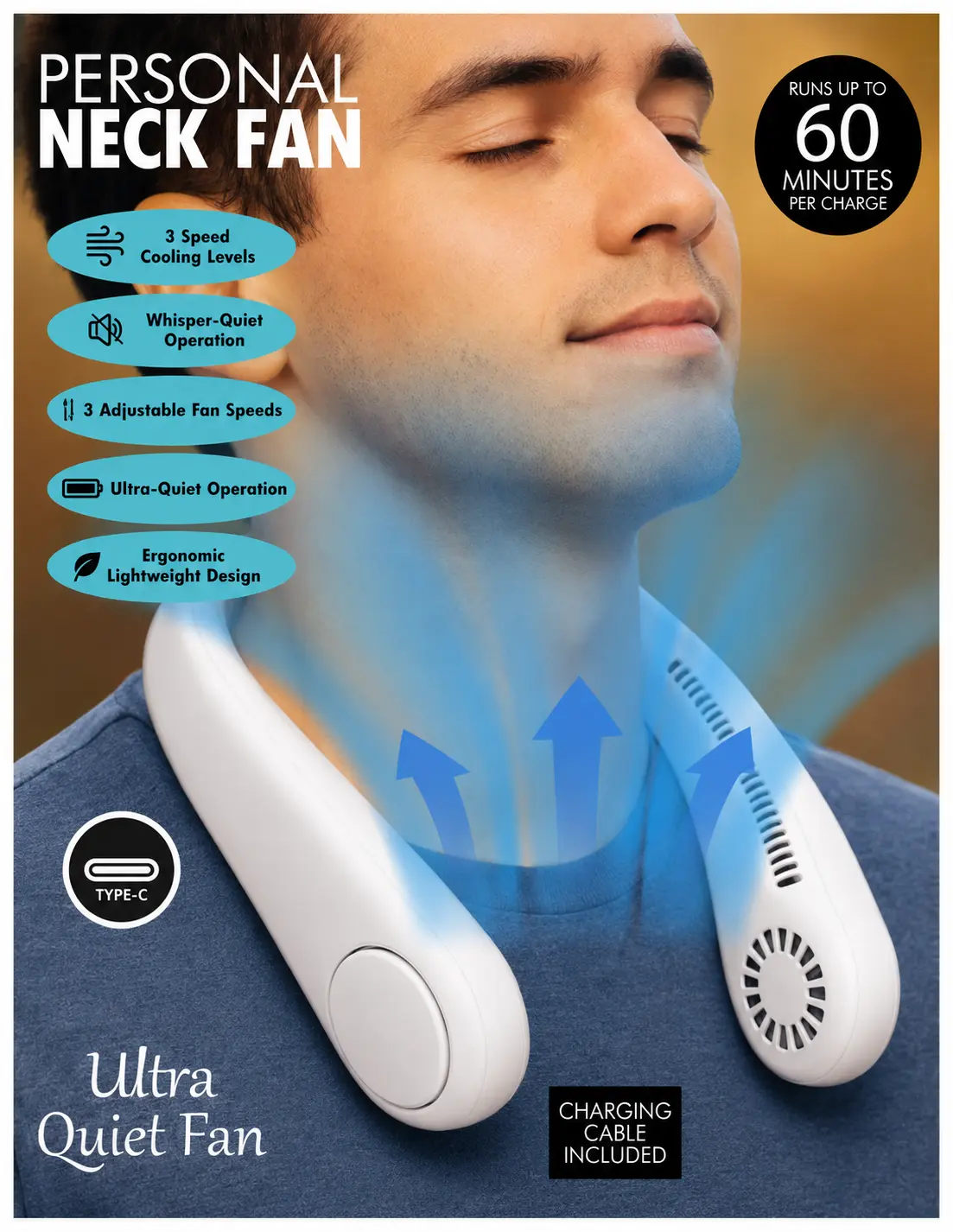 Cordless Adjustable Cooling Portable Neck Fan - 3 Speed Levels, Compact Household Appliance for On-the-Go Use to Stay Cool and Beat the Heat