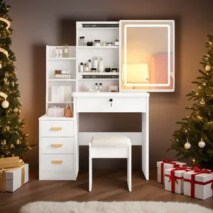 Home dressing table with LED mirror (three-color adjustable), 4 drawers and 5 shelves, dressing table set with a soft stool, bedroom dressing table, white