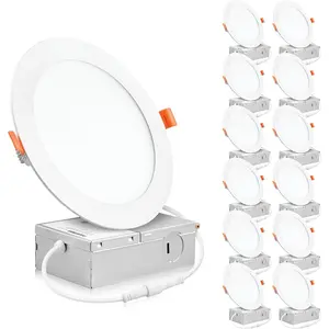 (12 Pack) 6 Inch Ultra-Thin  Recessed Ceiling Light with Junction Box, 12W, Dimmable Canless Wafer Slim Panel Downlight, IC Rated, ETL-Listed - 5000K