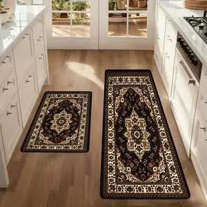 Vintage Black Persian Kitchen Mat Non-slip Rubber Backing Floor Rug Non-woven Fabric Runner for Sink Entryway Traditional Oriental Floral Washable Indoor Area Carpet Water Absorbent Stain Resistant Low Profile Home Decor stylish