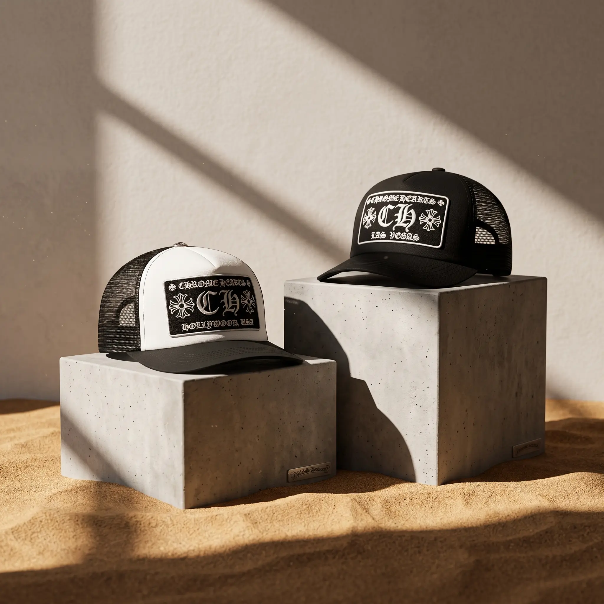Unisex CH Hollywood Cross Patch Mesh Trucker Hat Black & White Duo | Sunlit Concrete Display Curved Brim Cap | Retro Y2K Streetwear Gift Idea