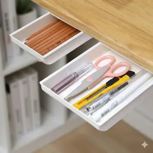 Under Desk Invisible Storage Box, Self-Adhesive No-Drill Drawer Organizer, Makeup & Stationery Sorting Tray, Hidden Pen Holder, Multi-Size for Office Study Home Use, Desk Organizer Tidy, Desk Accessories, Pencil Holder