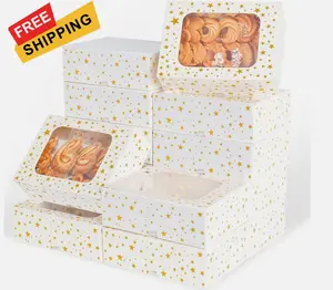 24Pcs Christmas Cookie Boxes with Window - Gold Foil Star Pastry White