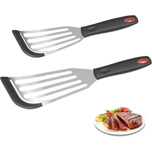 2Pack  Fish Spatulas for Nonstick Cookware,Fish Turner Spatula Stainless Steel with Heat Resistant  Edge,Metal Slotted Spatula for Flipping Fish Egg Patties Fries Pancake Steak (Black)