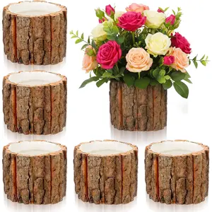 6 Pcs Wooden Vase for Centerpieces, Rustic Bark Stump Buckets Vintage Planter Pots for Garden Baby Shower Window Home Garden Wedding Party Decor