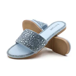 Womens Flat Sandals Single Strap Round Toe Rhinestone Sandal Style NonSlip Rubber Sole Summer Casual Footwear Trendy Elegant Rhinestone Decoration Comfortable Flat Design Multiple