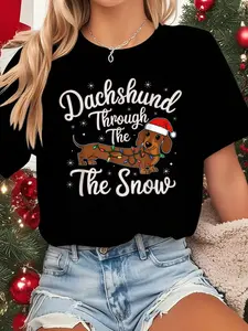 100% cotton women Dachshund Through the Snow Christmas Decor for Dog Lovers Unisex-Adults  Kids T-Shirt Black Small Print Round Neck Short Sleeve Streetwear Fashion Breathable Soft Unisex Designer Clothes For Women Casual Clothes