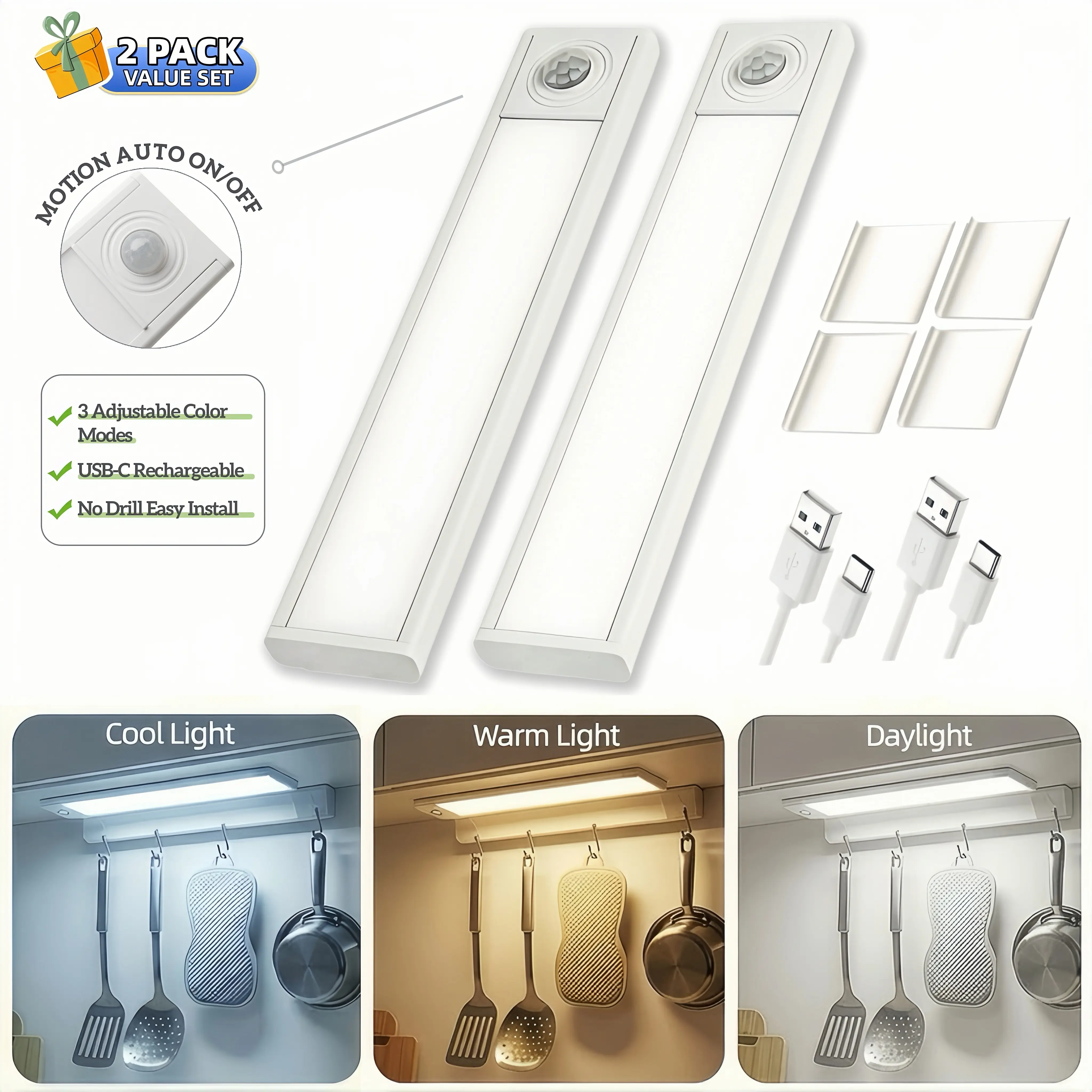 Under Cabinet Motion Sensor LED Night Light, USB Rechargeable Dimmable Wireless Lamp, Indoor Lighting for Kitchen Sink, Pantry, Closet, Bathroom, Stairs & Garage