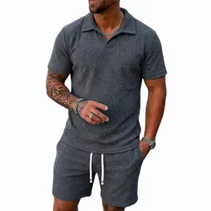 Men's Casual Summer 2 Piece Outfit | Silver Thread Jacquard Polo Shirt & Drawstring Shorts Set for Daily, Beach, Vacation, Date Night Wear#SummerVibes