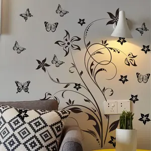 A (30*60cm) black simple line flower and butterfly flat Decorative wall sticker for home decoration and beautification, MS7270