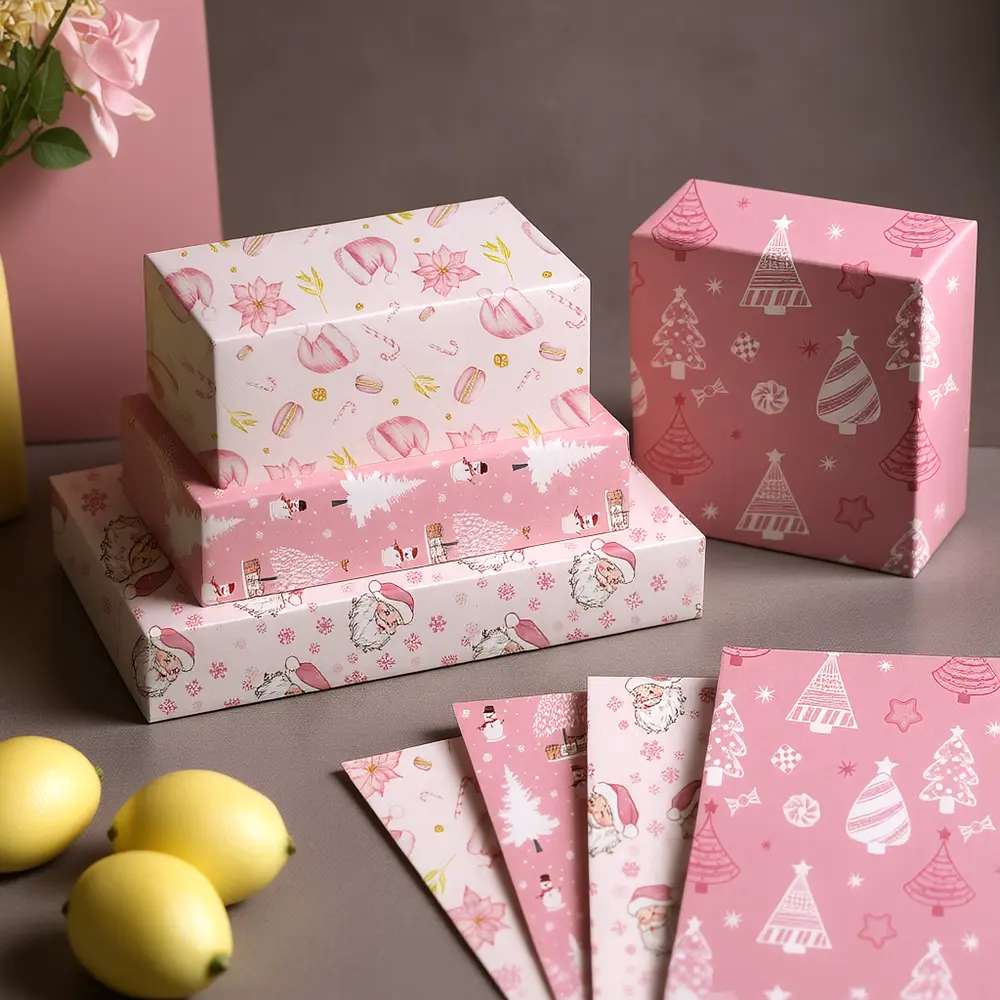 Holiday Gift Wrapping Paper - 12 Large Sheets, Unisex, DIY Friendly, Pink Santa Claus, Snowflake Festive Design, Versatile, Easy Storage for Gift Packaging, Suitable for Children (Home & Festive Party Supplies)