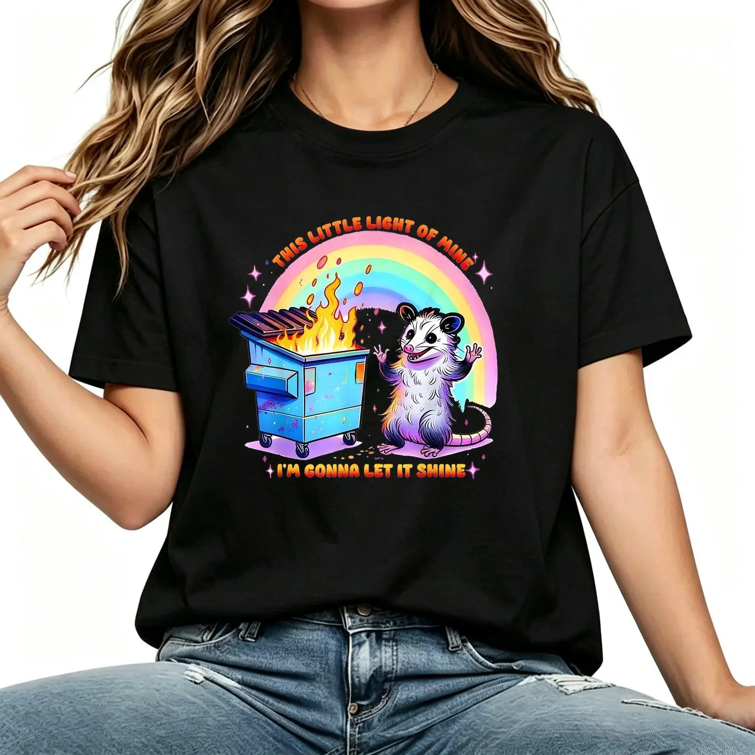 Women's Short-Sleeve Round Neck Vintage Possum Graphic T-Shirt - Funny "This Little Light My Trash Can Fire" Humorous Animal Print Casual Top, Shortsleeve