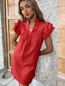 A women's solid color multi-layer ruffled sleeve V-neck pullover dress, suitable for summer, daily casual wear, vacations, dates, gatherings, and othe