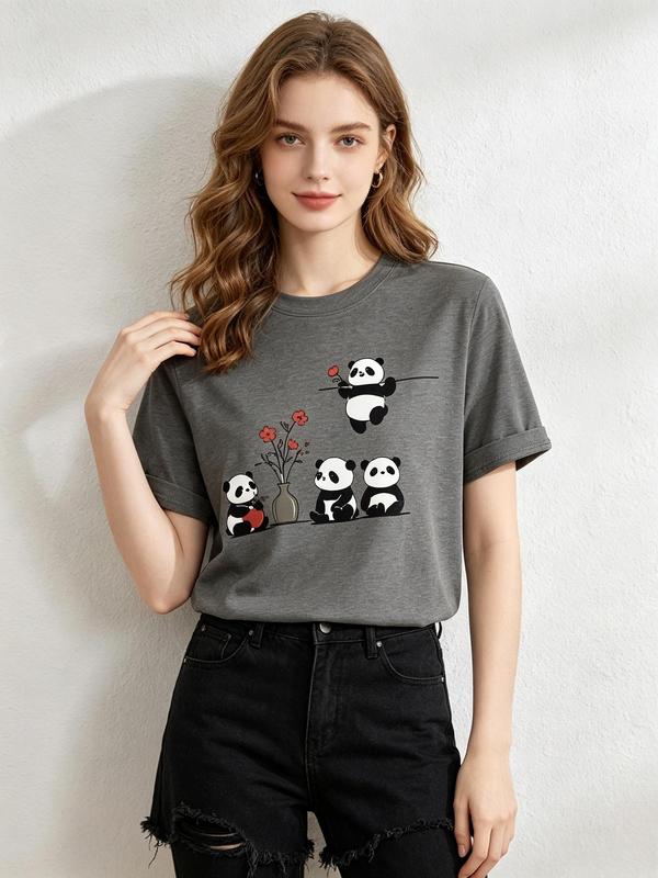Women's Boho Cute Cotton Fabric T-Shirt - Short-Sleeve, Cap-Sleeve, Retro Fresh Mori Style, Comfortable 2026 Spring Summer Streetwear Top with Panda Print, Flattering Fit, Suits Party, Commute