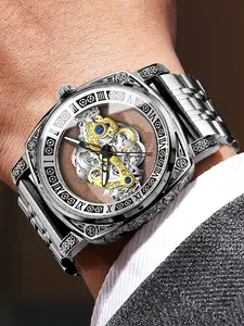 Men's Business Fashion Hollow Design Mechanical Watch, Party Fashion Watch, Daily Wear Accessory, Birthday Gift, Analog Mechanical Style