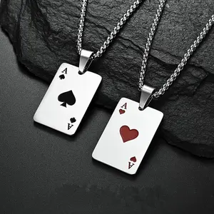 Punk Stainless Steel Playing Card Poker Tag Pendant Necklace for Women Men Lucky Rock Ace of Spade Heart Royal Flush Games Chain Necklace Hip Hop Unisex Jewelry Gift