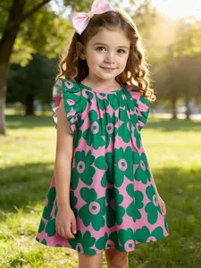 Girls' Fashion Geometric Print Dress, Summer Sleeveless Knee-Length Princess Dress, 1-6 Years Old, Valentine's Day Gift, Travel Wear, Sleeveless Tank Dress