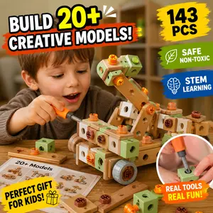 Build 20+ Creative Models! Kids STEM Wooden DIY Construction Toy Set
